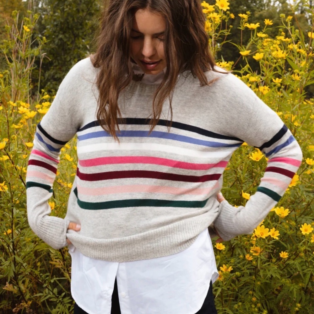 SUMMERSALT The Coziest Cashmere Blend Striped Crew-Rainbow Stripe on Wolf Size S - Picture 3 of 12